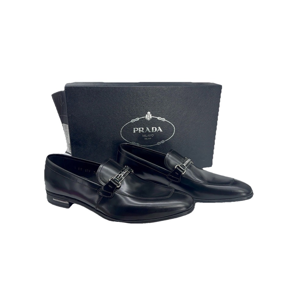 Prada Men's Black Leather Loafers 2DC079 Spazzolato Fumé Size 7.5 Made in Italy - Picture 1 of 12